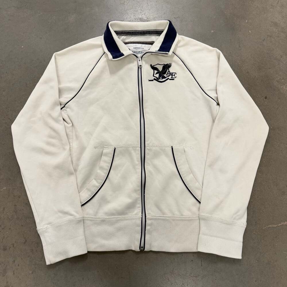 American Eagle Full Zip Track Jacket Cream Navy Eagle Logo – Small